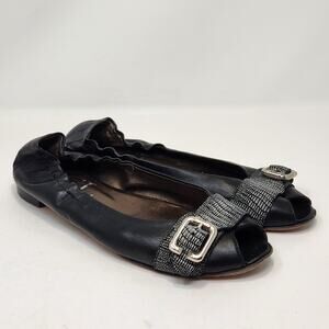 AGL Black Leather Peep Toe Flats Metallic Strap Buckle Size 39 US 9 Slip On Shoe